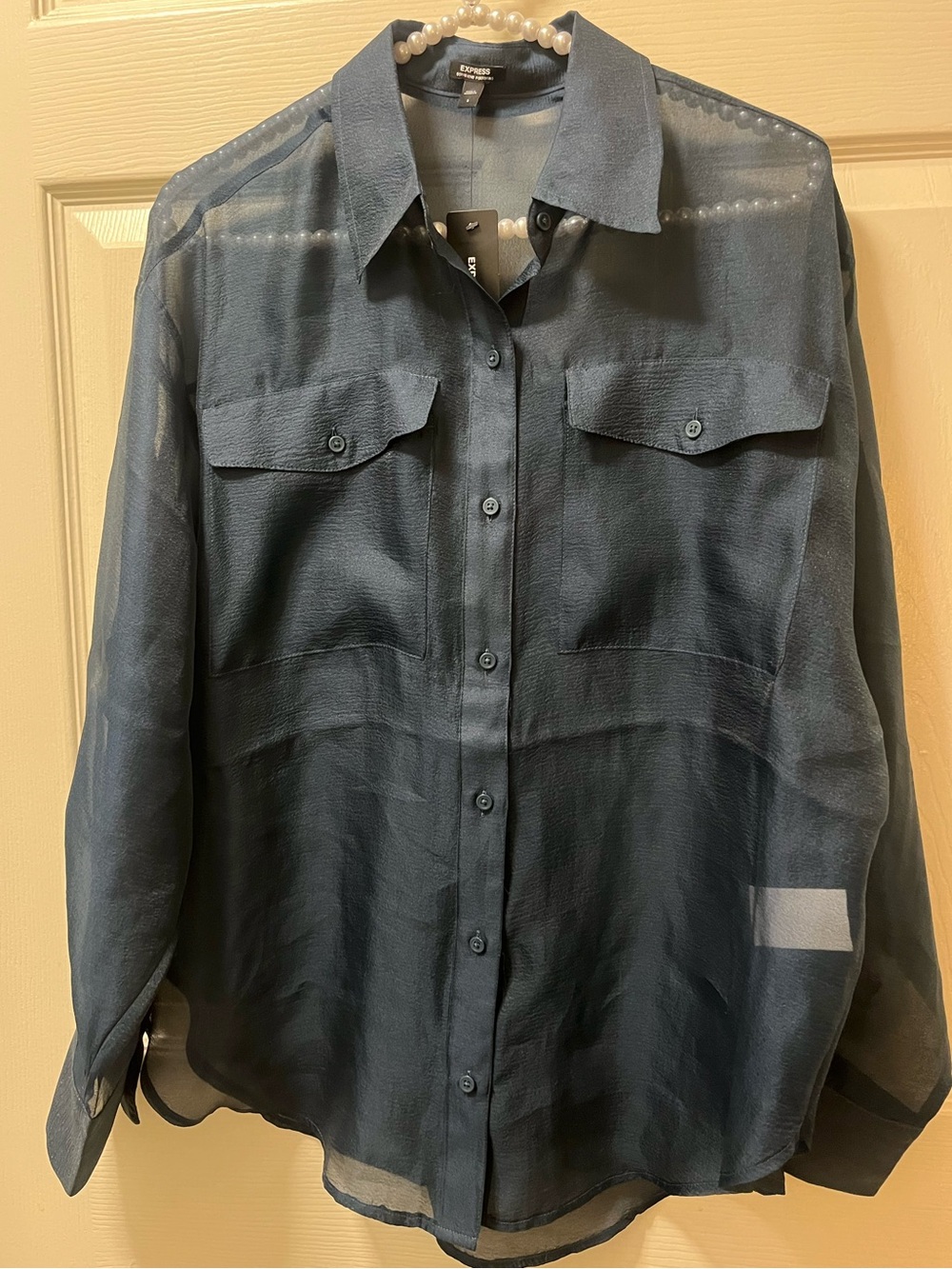 Express Women’s Sheer Button-Front Blouse in Navy Blue NWT Size Small. Organza
